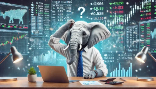 A confused elephant in business casual attire sits at a desk with a laptop, scratching its head while surrounded by complex stock charts and numbers, representing the struggle of a beginner in stock trading. The scene is set in a high-tech, digital environment with blue and green tones.