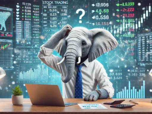 A confused elephant in business casual attire sits at a desk with a laptop, scratching its head while surrounded by complex stock charts and numbers, representing the struggle of a beginner in stock trading. The scene is set in a high-tech, digital environment with blue and green tones.