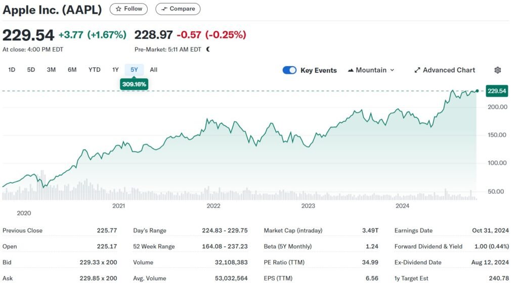 Apple stock growth over 5 years along with stock information