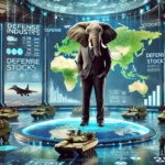 A photorealistic image of an elephant in a business suit standing on a futuristic stock market trading floor, surrounded by large digital screens displaying military-themed visuals like tanks, fighter jets, and warships. Maps of conflict zones in Europe and Asia are also shown, alongside holographic screens projecting military budgets and defense stock growth data. The blue and green color scheme emphasizes stability and strategic investment in defense stocks amidst rising geopolitical tensions. The scene reflects the focus on the defense industry in a high-tech, global conflict-driven world.