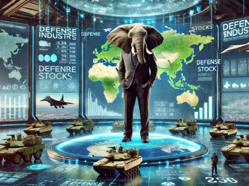 A photorealistic image of an elephant in a business suit standing on a futuristic stock market trading floor, surrounded by large digital screens displaying military-themed visuals like tanks, fighter jets, and warships. Maps of conflict zones in Europe and Asia are also shown, alongside holographic screens projecting military budgets and defense stock growth data. The blue and green color scheme emphasizes stability and strategic investment in defense stocks amidst rising geopolitical tensions. The scene reflects the focus on the defense industry in a high-tech, global conflict-driven world.