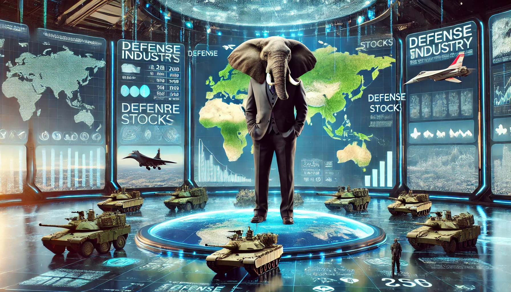 A photorealistic image of an elephant in a business suit standing on a futuristic stock market trading floor, surrounded by large digital screens displaying military-themed visuals like tanks, fighter jets, and warships. Maps of conflict zones in Europe and Asia are also shown, alongside holographic screens projecting military budgets and defense stock growth data. The blue and green color scheme emphasizes stability and strategic investment in defense stocks amidst rising geopolitical tensions. The scene reflects the focus on the defense industry in a high-tech, global conflict-driven world.