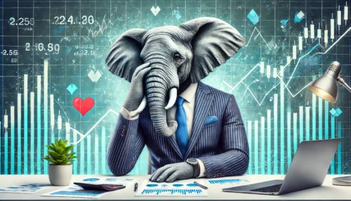 A sophisticated elephant in a business suit sits at a desk, looking stressed while holding its head in one hand. Surrounding the elephant are financial charts and graphs, with abstract blue and green shapes representing fluctuating market trends. A subtle heart symbol is woven into the design, symbolizing emotional decision-making in investing. The scene illustrates the emotional strain and the risks of emotionally driven investments.