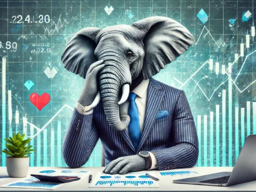 A sophisticated elephant in a business suit sits at a desk, looking stressed while holding its head in one hand. Surrounding the elephant are financial charts and graphs, with abstract blue and green shapes representing fluctuating market trends. A subtle heart symbol is woven into the design, symbolizing emotional decision-making in investing. The scene illustrates the emotional strain and the risks of emotionally driven investments.