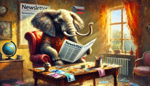 An elephant sits at a cozy home desk, holding a newsletter in its trunk. The room is filled with soft light from a window, and the desk is scattered with various colorful international currencies, including coins and banknotes. A globe with country flags and a stock chart on the wall add a financial theme to the space. The art style is painterly and abstract, with bold, sweeping brush strokes in warm tones, excluding red.