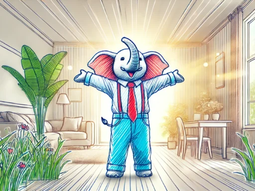 A joyful elephant, dressed casually, stands with arms wide open in a cozy, sunlit room, radiating happiness and freedom. The elephant is smiling, surrounded by plants, with light streaming through large windows. The light, colorful, sketch-like art style captures the excitement and carefree feeling of achieving financial freedom.