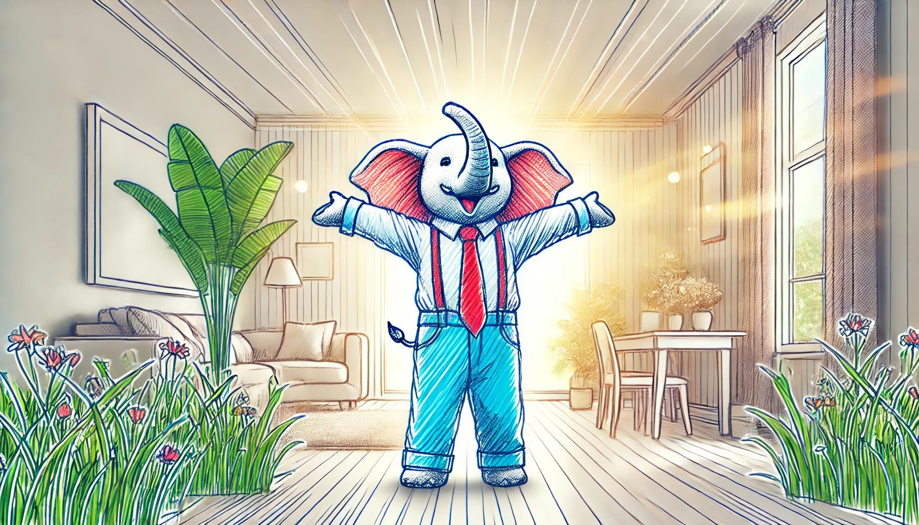 A joyful elephant, dressed casually, stands with arms wide open in a cozy, sunlit room, radiating happiness and freedom. The elephant is smiling, surrounded by plants, with light streaming through large windows. The light, colorful, sketch-like art style captures the excitement and carefree feeling of achieving financial freedom.