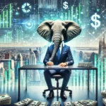 A well-dressed elephant in a high-rise office, reviewing financial data on a tablet, with stacks of cash on the desk and holographic stock charts, graphs, and currency symbols surrounding, with a cityscape in the background.