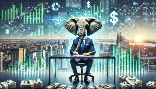 A well-dressed elephant in a high-rise office, reviewing financial data on a tablet, with stacks of cash on the desk and holographic stock charts, graphs, and currency symbols surrounding, with a cityscape in the background.