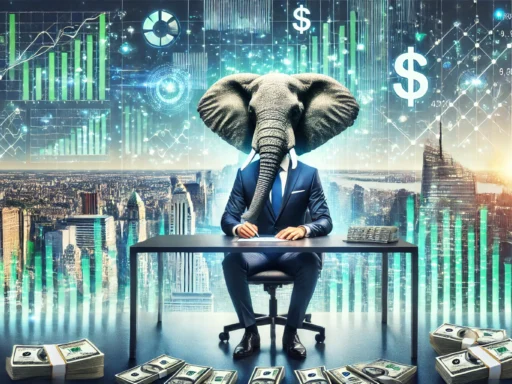 A well-dressed elephant in a high-rise office, reviewing financial data on a tablet, with stacks of cash on the desk and holographic stock charts, graphs, and currency symbols surrounding, with a cityscape in the background.