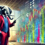 An elephant in a fancy suit, pointing at Forex charts, explaining how to read and understand them