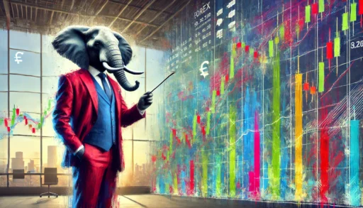 An elephant in a fancy suit, pointing at Forex charts, explaining how to read and understand them