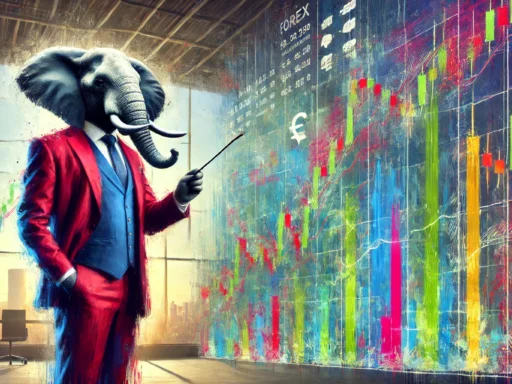 An elephant in a fancy suit, pointing at Forex charts, explaining how to read and understand them