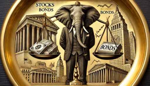 An intricately engraved gold plate depicting a business-attired elephant standing between two large scales. One side holds stocks represented by rising graph papers, and the other holds bonds shown as certificates. Behind the elephant are finely etched government and corporate buildings, symbolizing the differing roles of stocks and bonds. The elephant appears to be carefully weighing both option