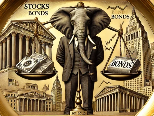 An intricately engraved gold plate depicting a business-attired elephant standing between two large scales. One side holds stocks represented by rising graph papers, and the other holds bonds shown as certificates. Behind the elephant are finely etched government and corporate buildings, symbolizing the differing roles of stocks and bonds. The elephant appears to be carefully weighing both option