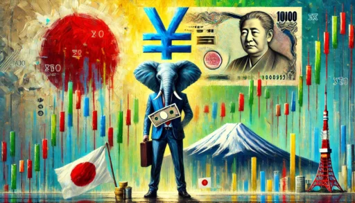 A colorful abstract oil-style painting of an elephant in a business suit holding Japanese yen bills in both hands. Above the elephant, the yen symbol is prominently displayed. In the background, symbols of Japan’s economy such as Mt. Fuji, Japan's flag, and a stock market chart showing a downward trend reflect the weakening yen. Soft brushstrokes of blue, green, and yellow dominate the scene, symbolizing Japan’s shifting economic landscape.