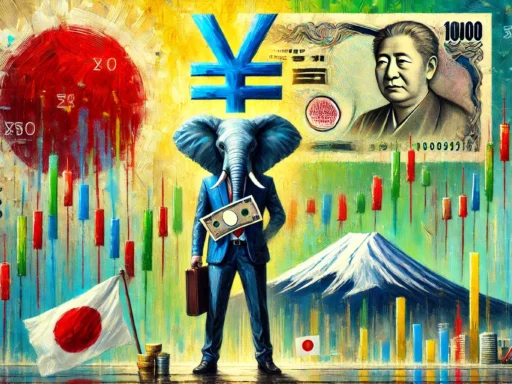 A colorful abstract oil-style painting of an elephant in a business suit holding Japanese yen bills in both hands. Above the elephant, the yen symbol is prominently displayed. In the background, symbols of Japan’s economy such as Mt. Fuji, Japan's flag, and a stock market chart showing a downward trend reflect the weakening yen. Soft brushstrokes of blue, green, and yellow dominate the scene, symbolizing Japan’s shifting economic landscape.