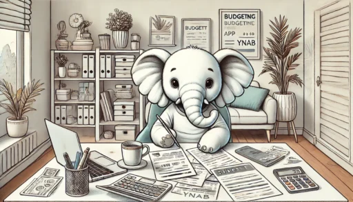 An elephant dressed casually, sitting at a desk in a cozy home office. The elephant is reviewing financial documents, with papers spread out, a coffee cup, and a laptop displaying a budgeting app. In the background, a bookshelf holds personal finance books and a plant adds a touch of greenery. The scene is bright and sketch-like, resembling colored pen drawings.