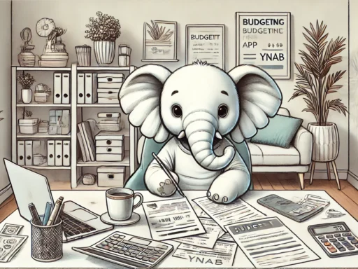 An elephant dressed casually, sitting at a desk in a cozy home office. The elephant is reviewing financial documents, with papers spread out, a coffee cup, and a laptop displaying a budgeting app. In the background, a bookshelf holds personal finance books and a plant adds a touch of greenery. The scene is bright and sketch-like, resembling colored pen drawings.