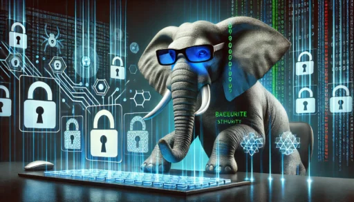 A high-tech elephant wearing cyber glasses interacts with a futuristic computer screen displaying digital codes, padlocks, and security symbols. The dark environment is illuminated by neon blue and green lights, with blurred hacker-like figures in the background symbolizing cybersecurity threats. The image emphasizes protection and technology in a cyber-focused world.