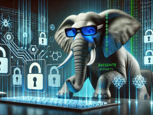 A high-tech elephant wearing cyber glasses interacts with a futuristic computer screen displaying digital codes, padlocks, and security symbols. The dark environment is illuminated by neon blue and green lights, with blurred hacker-like figures in the background symbolizing cybersecurity threats. The image emphasizes protection and technology in a cyber-focused world.