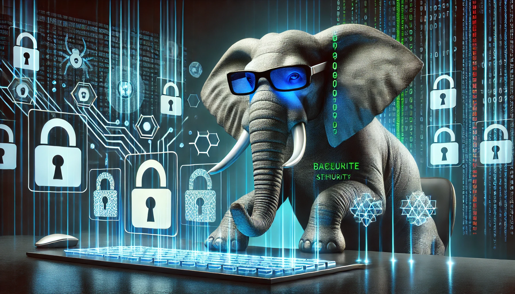 A high-tech elephant wearing cyber glasses interacts with a futuristic computer screen displaying digital codes, padlocks, and security symbols. The dark environment is illuminated by neon blue and green lights, with blurred hacker-like figures in the background symbolizing cybersecurity threats. The image emphasizes protection and technology in a cyber-focused world.