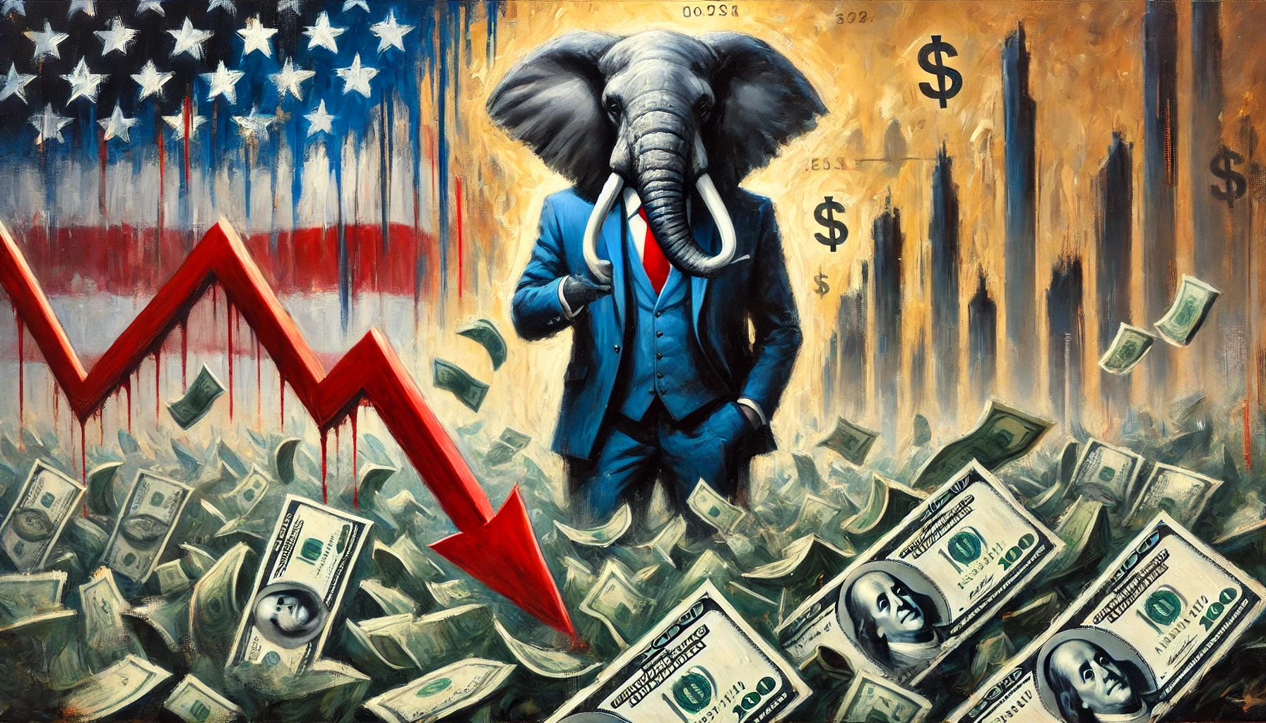 A vibrant oil painting of an elegant elephant in a suit surrounded by a flood of U.S. dollar bills, with large downward arrows and falling financial graphs symbolizing the sharp decline of the dollar's value. The background subtly incorporates American themes, including hints of the U.S. flag. Bold brushstrokes emphasize the overwhelming amount of dollars and their diminishing worth, highlighting the impact of the dollar's downturn in Forex trading.