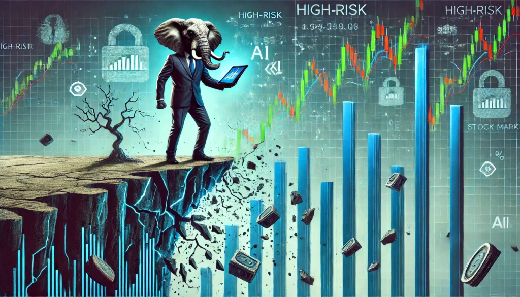 A well-dressed elephant teeters on the edge of a collapsing digital cliff, holding a tablet with wildly fluctuating stock charts that show sharp upward spikes, symbolizing both high rewards and extreme risk. Towering stock market graphs rise behind, while cracks and fractures fill the unstable ground. Abstract symbols of technology and innovation, like AI and circuits, loom in the background. The color palette is dominated by blues and greens, highlighting the dangerous yet potentially rewarding nature of high-risk growth stocks.