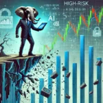 A well-dressed elephant teeters on the edge of a collapsing digital cliff, holding a tablet with wildly fluctuating stock charts that show sharp upward spikes, symbolizing both high rewards and extreme risk. Towering stock market graphs rise behind, while cracks and fractures fill the unstable ground. Abstract symbols of technology and innovation, like AI and circuits, loom in the background. The color palette is dominated by blues and greens, highlighting the dangerous yet potentially rewarding nature of high-risk growth stocks.