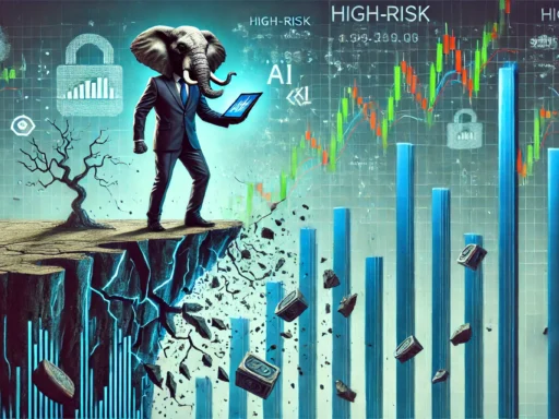 A well-dressed elephant teeters on the edge of a collapsing digital cliff, holding a tablet with wildly fluctuating stock charts that show sharp upward spikes, symbolizing both high rewards and extreme risk. Towering stock market graphs rise behind, while cracks and fractures fill the unstable ground. Abstract symbols of technology and innovation, like AI and circuits, loom in the background. The color palette is dominated by blues and greens, highlighting the dangerous yet potentially rewarding nature of high-risk growth stocks.