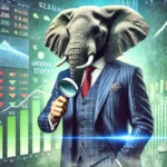 A photorealistic elephant in business attire examines stock data with a magnifying glass in front of a stock market screen, representing financial analysis. The background features abstract blue and green tones with shapes symbolizing undervalued stocks rising in value, creating a futuristic and sophisticated scene.