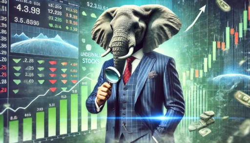 A photorealistic elephant in business attire examines stock data with a magnifying glass in front of a stock market screen, representing financial analysis. The background features abstract blue and green tones with shapes symbolizing undervalued stocks rising in value, creating a futuristic and sophisticated scene.