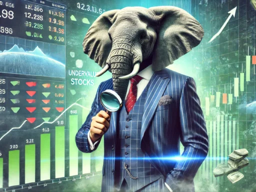 A photorealistic elephant in business attire examines stock data with a magnifying glass in front of a stock market screen, representing financial analysis. The background features abstract blue and green tones with shapes symbolizing undervalued stocks rising in value, creating a futuristic and sophisticated scene.