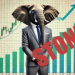 A humorous, exaggerated scene of an elephant in a business suit standing stiffly like the 'stonks' meme, with a goofy grin. The elephant is in front of a playful stock market chart with rising arrows and bars, set against a background of bright blues and greens.