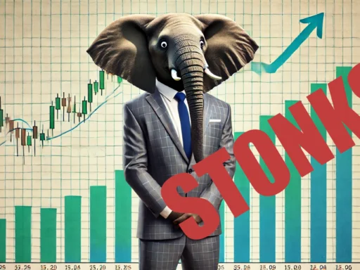 A humorous, exaggerated scene of an elephant in a business suit standing stiffly like the 'stonks' meme, with a goofy grin. The elephant is in front of a playful stock market chart with rising arrows and bars, set against a background of bright blues and greens.