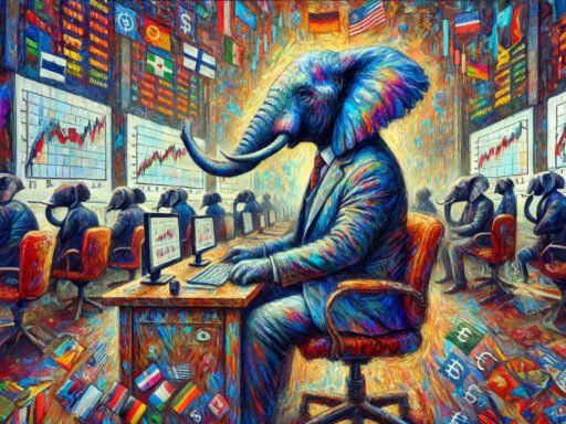 an elephant in a suite working in an office, sitting by a computer, and looking at Forex information, surrounded by currency and national flags from around the world